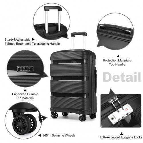 K2092L - Kono Bright Hard Shell PP Suitcase With TSA Lock And Vanity Case 4 Pieces Set - Classic Collection - Black