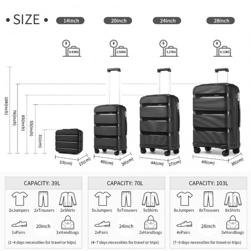 K2092L - Kono Bright Hard Shell PP Suitcase With TSA Lock And Vanity Case 4 Pieces Set - Classic Collection - Black