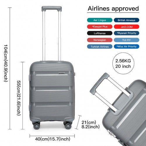 K2092L - Kono 20 Inch Bright Hard Shell PP Carry-On Suitcase In Cabin Size - Grey