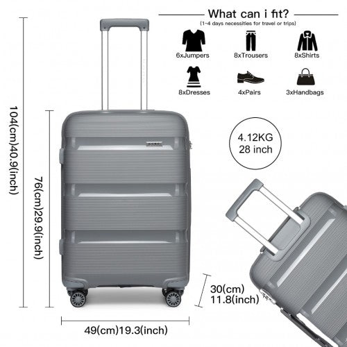 K2092L - Kono 28 Inch Bright Hard Shell PP Suitcase - Classic Collection - Grey