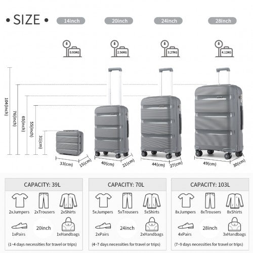 K2092L - Kono Bright Hard Shell PP Suitcase With TSA Lock And Vanity Case 4 Pieces Set - Classic Collection - Grey