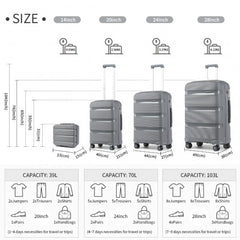 K2092L - Kono Bright Hard Shell PP Suitcase With TSA Lock And Vanity Case 4 Pieces Set - Classic Collection - Grey