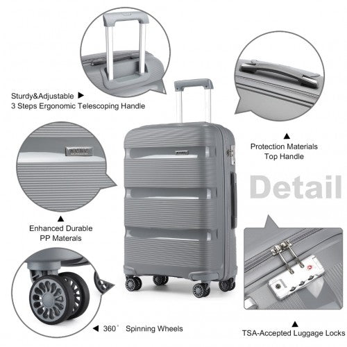 K2092L - Kono 20 Inch Bright Hard Shell PP Carry-On Suitcase In Cabin Size - Grey