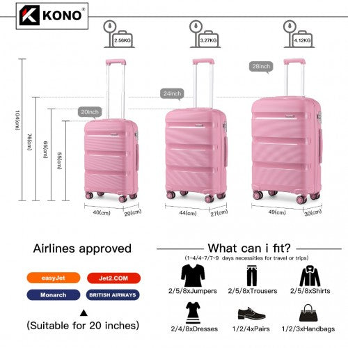 K2092L - Kono Bright Hard Shell PP Suitcase 3 Pieces Set - Classic Collection - Pink