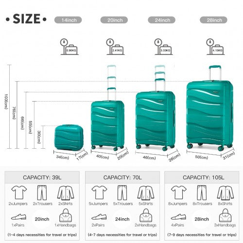 K2094L - Kono Lightweight Polypropylene Hard Shell 4 Piece Suitcase Set With TSA Lock And Vanity Case - Teal