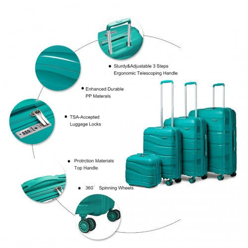 K2094L - Kono Lightweight Polypropylene Hard Shell 4 Piece Suitcase Set With TSA Lock And Vanity Case - Teal