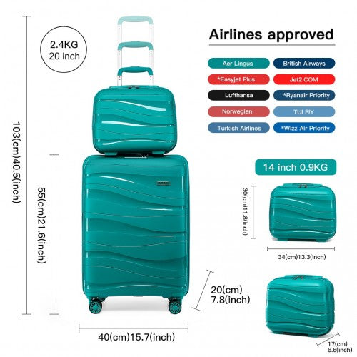 K2094L - Kono 14/20 Inch Lightweight Polypropylene Hard Shell 2 Piece Suitcase Set With TSA Lock And Vanity Case - Teal