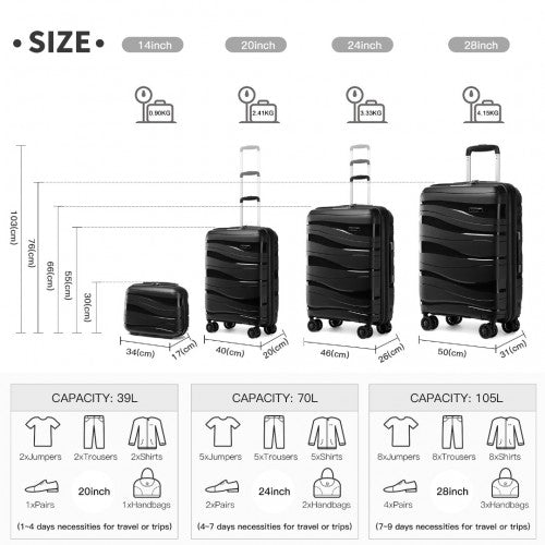 K2094L - Kono Lightweight Polypropylene Hard Shell 4 Piece Suitcase Set With TSA Lock And Vanity Case - Black