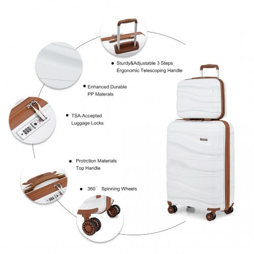 K2094L - Kono 14/20 Inch Lightweight Polypropylene Hard Shell 2 Piece Suitcase Set With TSA Lock And Vanity Case - Cream