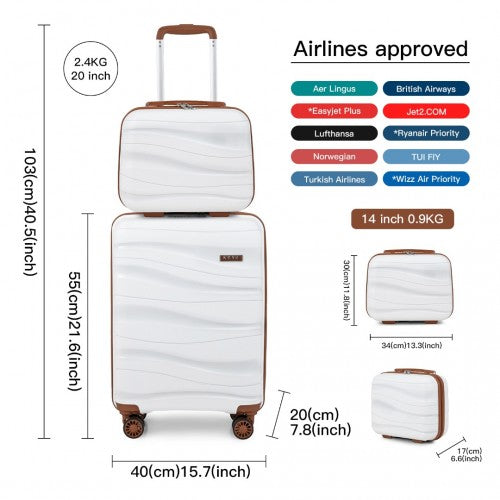 K2094L - Kono 14/20 Inch Lightweight Polypropylene Hard Shell 2 Piece Suitcase Set With TSA Lock And Vanity Case - Cream