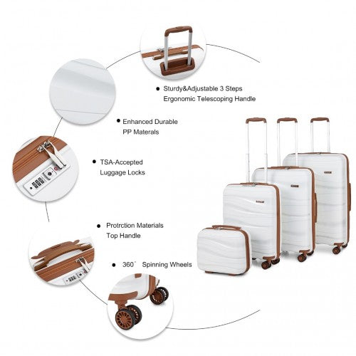 K2094L - Kono Lightweight Polypropylene Hard Shell 4 Piece Suitcase Set With TSA Lock And Vanity Case - Cream