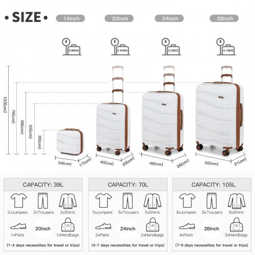 K2094L - Kono Lightweight Polypropylene Hard Shell 4 Piece Suitcase Set With TSA Lock And Vanity Case - Cream