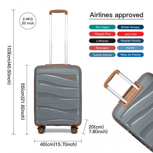 K2094L - Kono 20 Inch Lightweight Polypropylene Hard Shell Suitcase With TSA Lock - Grey And Brown