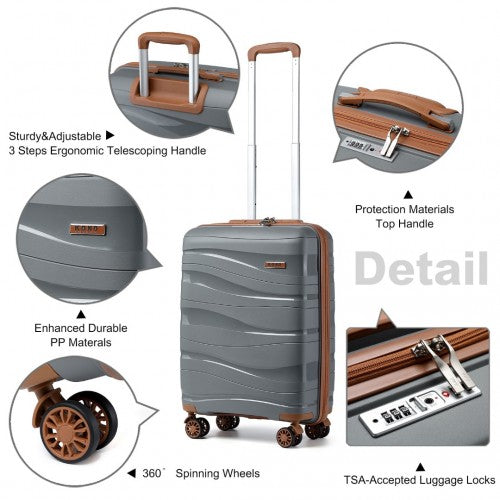 K2094L - Kono 20 Inch Lightweight Polypropylene Hard Shell Suitcase With TSA Lock - Grey And Brown