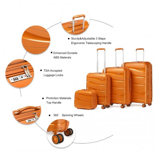 K2094L - Kono Lightweight Polypropylene Hard Shell 4 Piece Suitcase Set With TSA Lock And Vanity Case - Orange