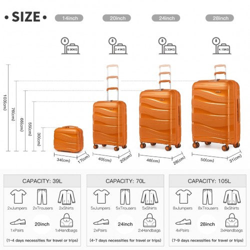 K2094L - Kono Lightweight Polypropylene Hard Shell 4 Piece Suitcase Set With TSA Lock And Vanity Case - Orange