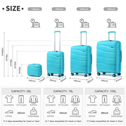 K2094L - Kono Lightweight Polypropylene Hard Shell 4 Piece Suitcase Set With TSA Lock And Vanity Case - Blue