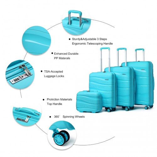 K2094L - Kono Lightweight Polypropylene Hard Shell 4 Piece Suitcase Set With TSA Lock And Vanity Case - Blue