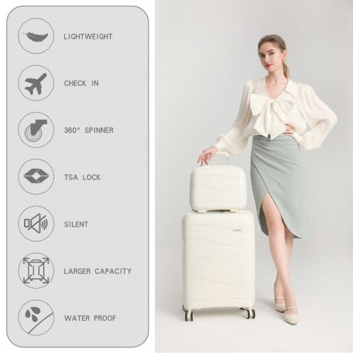 K2094L - Kono Lightweight Polypropylene Hard Shell 4 Piece Suitcase Set With TSA Lock And Vanity Case - Cream White