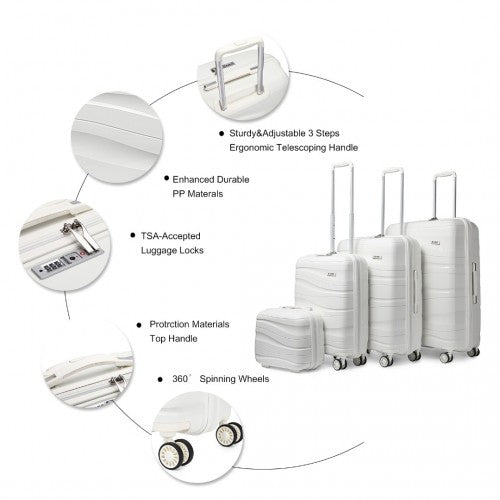 K2094L - Kono Lightweight Polypropylene Hard Shell 4 Piece Suitcase Set With TSA Lock And Vanity Case - Cream White