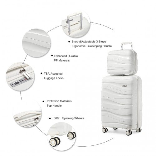 K2094L - Kono 14/20 Inch Lightweight Polypropylene Hard Shell 2 Piece Suitcase Set With TSA Lock And Vanity Case - Cream White