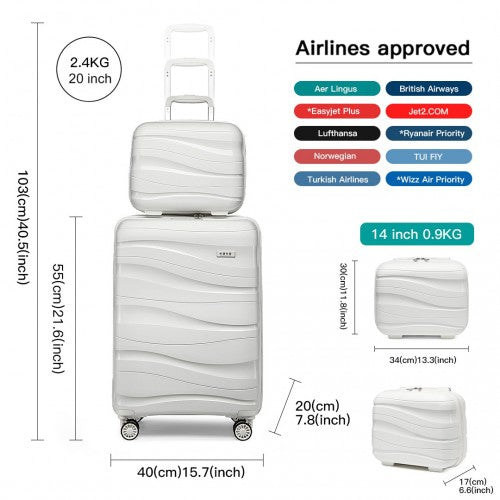 K2094L - Kono 14/20 Inch Lightweight Polypropylene Hard Shell 2 Piece Suitcase Set With TSA Lock And Vanity Case - Cream White