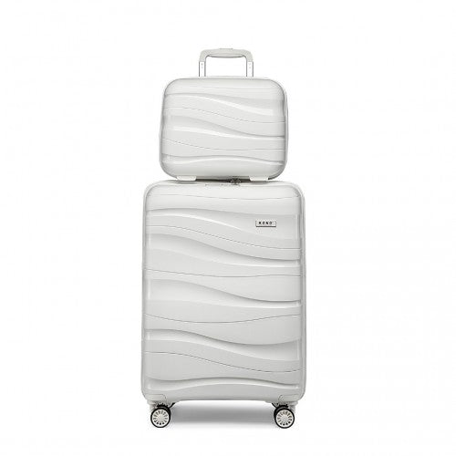 K2094L - Kono 14/20 Inch Lightweight Polypropylene Hard Shell 2 Piece Suitcase Set With TSA Lock And Vanity Case - Cream White