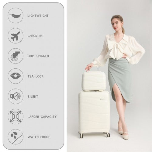 K2094L - Kono 14/20 Inch Lightweight Polypropylene Hard Shell 2 Piece Suitcase Set With TSA Lock And Vanity Case - Cream White