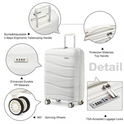 K2094L - Kono 20 Inch Lightweight Polypropylene Hard Shell Suitcase With TSA Lock - Cream White