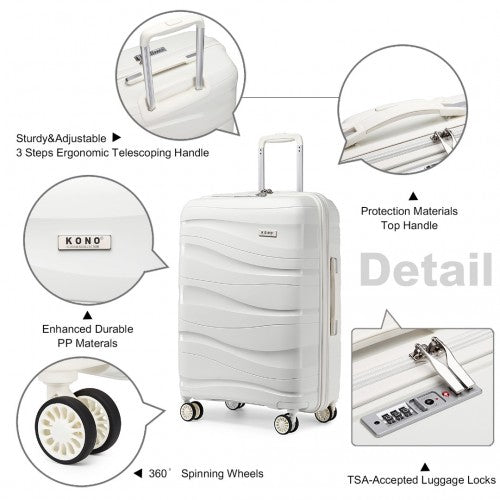 K2094L - Kono 24 Inch Lightweight Polypropylene Hard Shell Suitcase With TSA Lock - Cream White