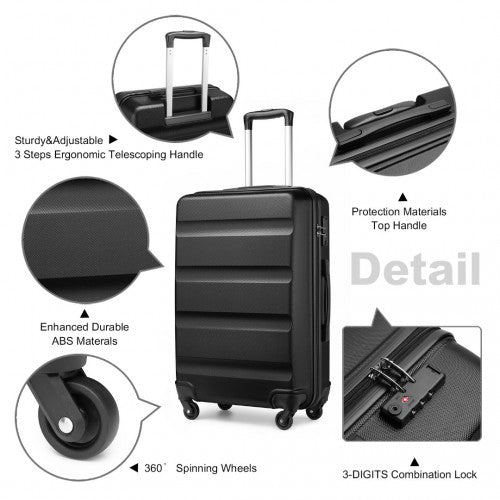 K2191L - Kono 3-Piece Lightweight ABS Hardshell Suitcase Set - 19, 24, 28 Inch with Secure TSA Lock - Black