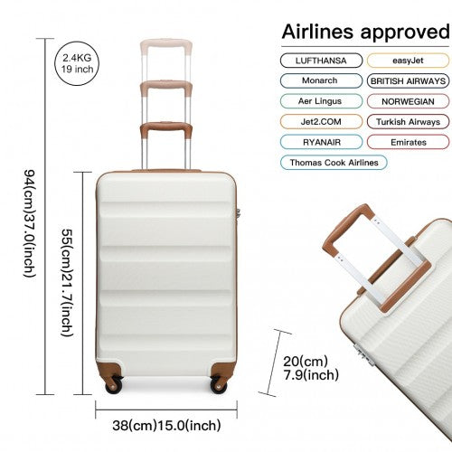 K2191L - Kono 19 Inch Cabin Size Carry On Suitcase - Streamlined Lightweight ABS Hardshell with Secure TSA Lock - Cream