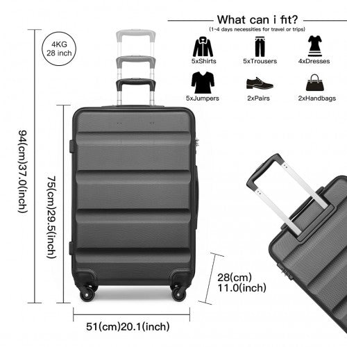 K2191L - Kono 28 Inch Check in Luggage - Streamlined ABS Hardshell Suitcase with Secure TSA Lock - Grey