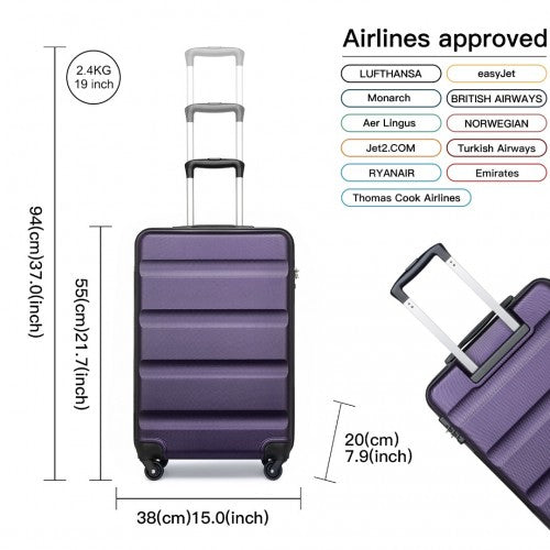 K2191L - Kono 19 Inch Cabin Size Carry On Suitcase - Streamlined Lightweight ABS Hardshell with Secure TSA Lock - Purple