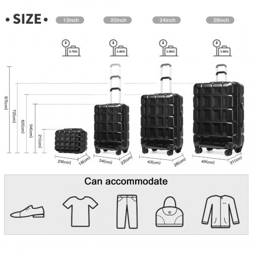 K2292L - Kono Lightweight Hard Shell ABS Suitcase With TSA Lock And Vanity Case 4 Piece Set - Black