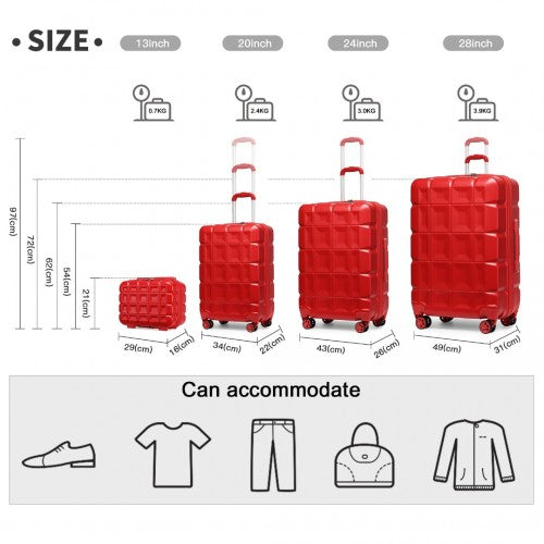 K2292L - Kono Lightweight Hard Shell ABS Suitcase With TSA Lock And Vanity Case 4 Piece Set - Red