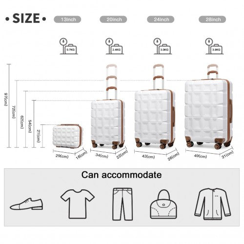 K2292L - Kono Lightweight Hard Shell ABS Suitcase With TSA Lock And Vanity Case 4 Piece Set - White