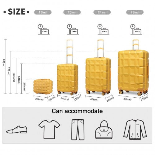 K2292L - Kono Lightweight Hard Shell ABS Suitcase With TSA Lock And Vanity Case 4 Piece Set - Yellow