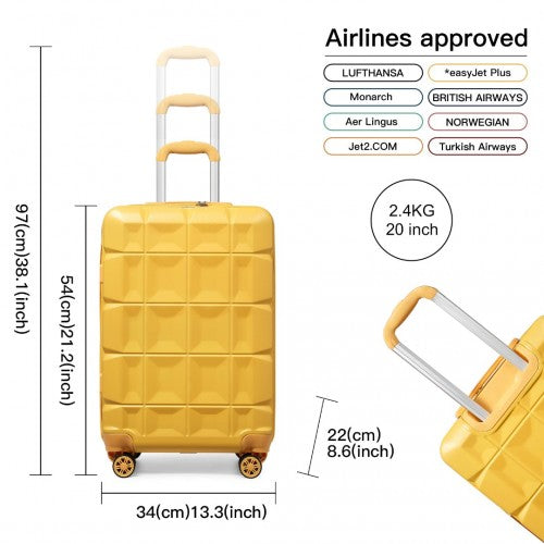 K2292L - Kono 20 Inch Lightweight Hard Shell ABS Luggage Cabin Suitcase With TSA Lock - Yellow