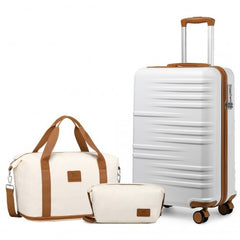 K2391L+S2366 - British Traveller 20 Inch Polycarbonate and ABS Cabin Size Suitcase 3 Piece Travel Set with Travel Tote and Cosmetic Pouch - Beige and Brown