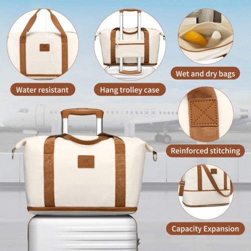 K2391L+S2366 - British Traveller 20 Inch Polycarbonate and ABS Cabin Size Suitcase 3 Piece Travel Set with Travel Tote and Cosmetic Pouch - Beige and Brown