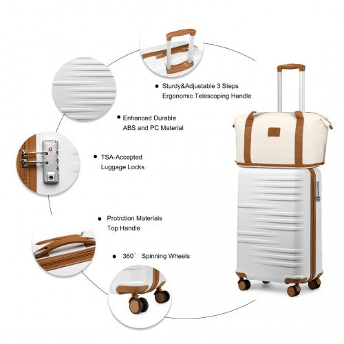 K2391L+S2366 - British Traveller 20 Inch Polycarbonate and ABS Cabin Size Suitcase 3 Piece Travel Set with Travel Tote and Cosmetic Pouch - Beige and Brown