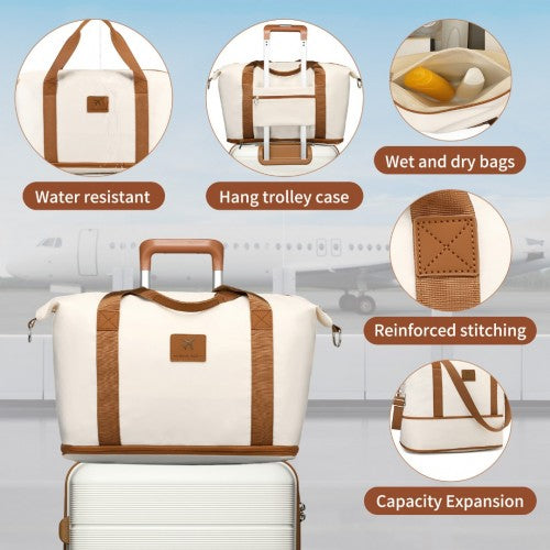 K2392L+S2366 - British Traveller 20 Inch Multi-Texture Polypropylene Cabin Size Suitcase 3 Piece Travel Set with Travel Tote and Cosmetic Pouch - Cream