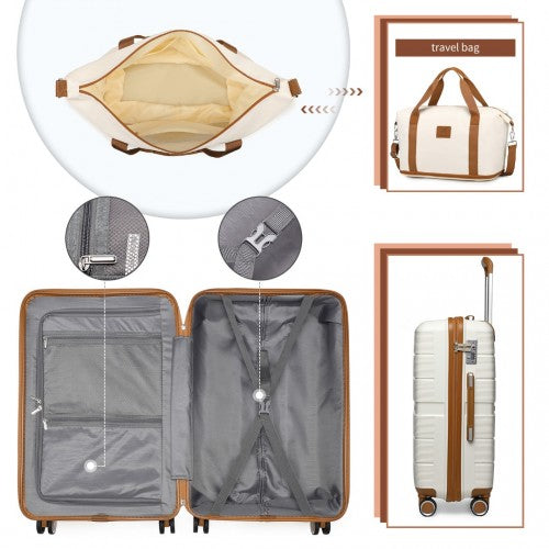 K2392L+S2366 - British Traveller 20 Inch Multi-Texture Polypropylene Cabin Size Suitcase 3 Piece Travel Set with Travel Tote and Cosmetic Pouch - Cream