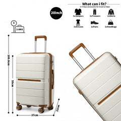 K2392L+S2366 - British Traveller 20 Inch Multi-Texture Polypropylene Cabin Size Suitcase 3 Piece Travel Set with Travel Tote and Cosmetic Pouch - Cream