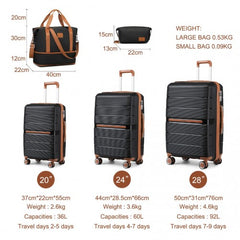 K2392L+S2366 - British Traveller 5 Piece Polypropylene Hard Shell Suitcase Set With Tote Bag and Cosmetic Pouch - Black