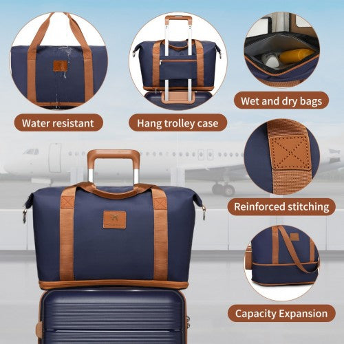 K2392L+S2366 - British Traveller 20 Inch Multi-Texture Polypropylene Cabin Size Suitcase 3 Piece Travel Set with Travel Tote and Cosmetic Pouch - Navy