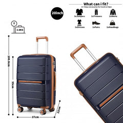 K2392L+S2366 - British Traveller 20 Inch Multi-Texture Polypropylene Cabin Size Suitcase 3 Piece Travel Set with Travel Tote and Cosmetic Pouch - Navy