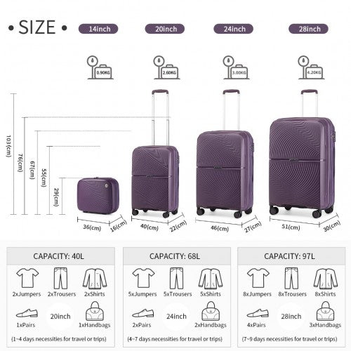 K2393L - British Traveller 4 Pcs Set Spinner Hard Shell PP Suitcase With TSA Lock And Vanity Case - Purple