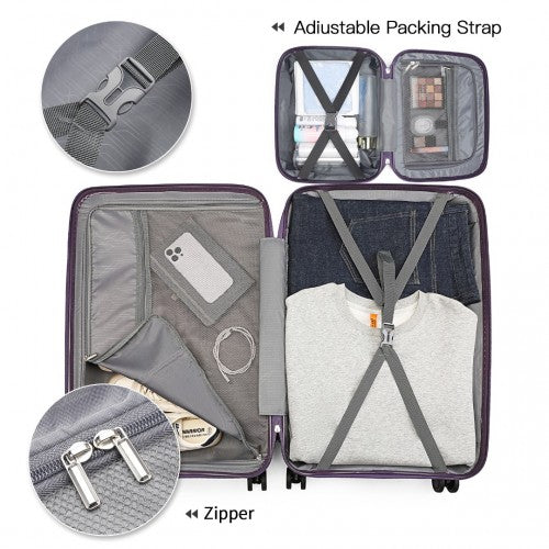 K2393L - British Traveller 4 Pcs Set Spinner Hard Shell PP Suitcase With TSA Lock And Vanity Case - Purple